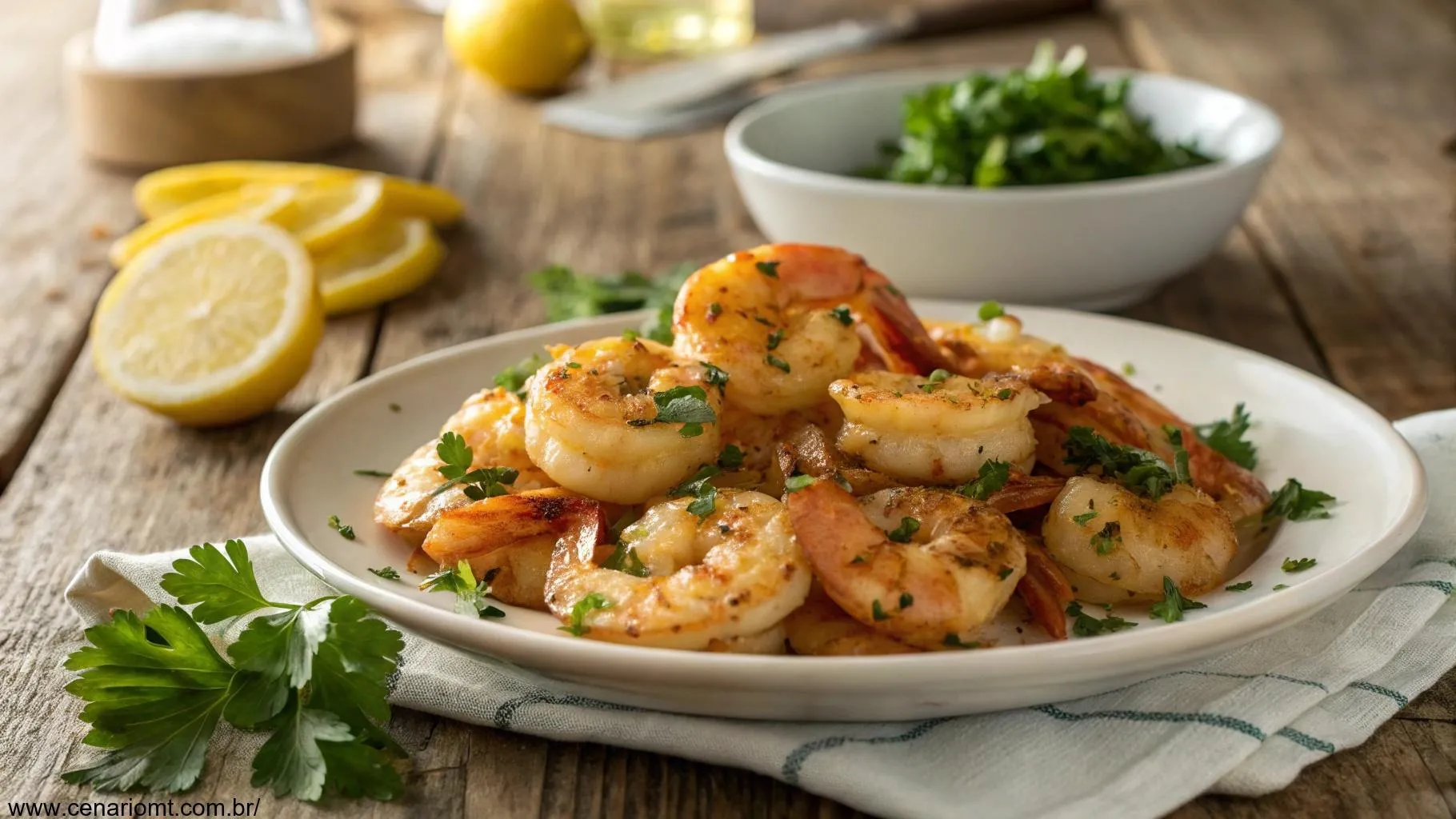 Camarão ao alho e óleo servido em um prato rústico com salsa e limão ao lado.