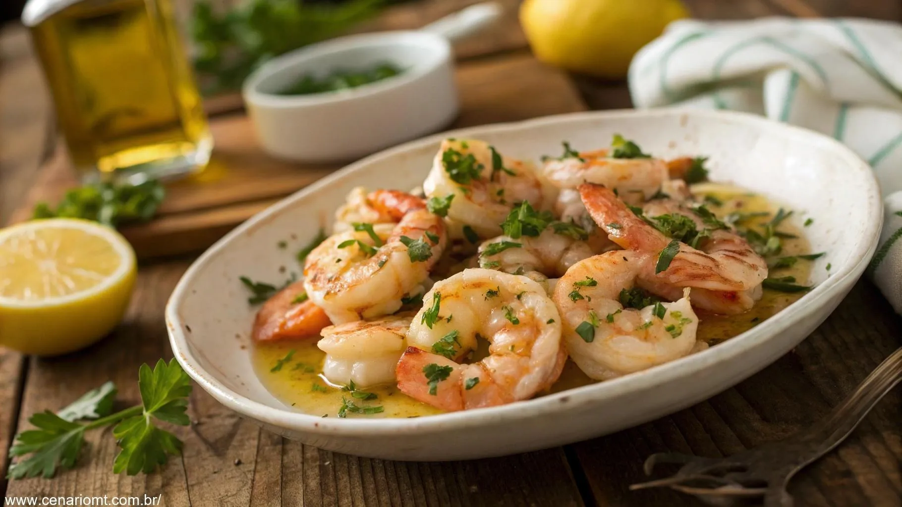 Camarão ao alho e óleo servido em um prato bonito, decorado com salsa fresca.