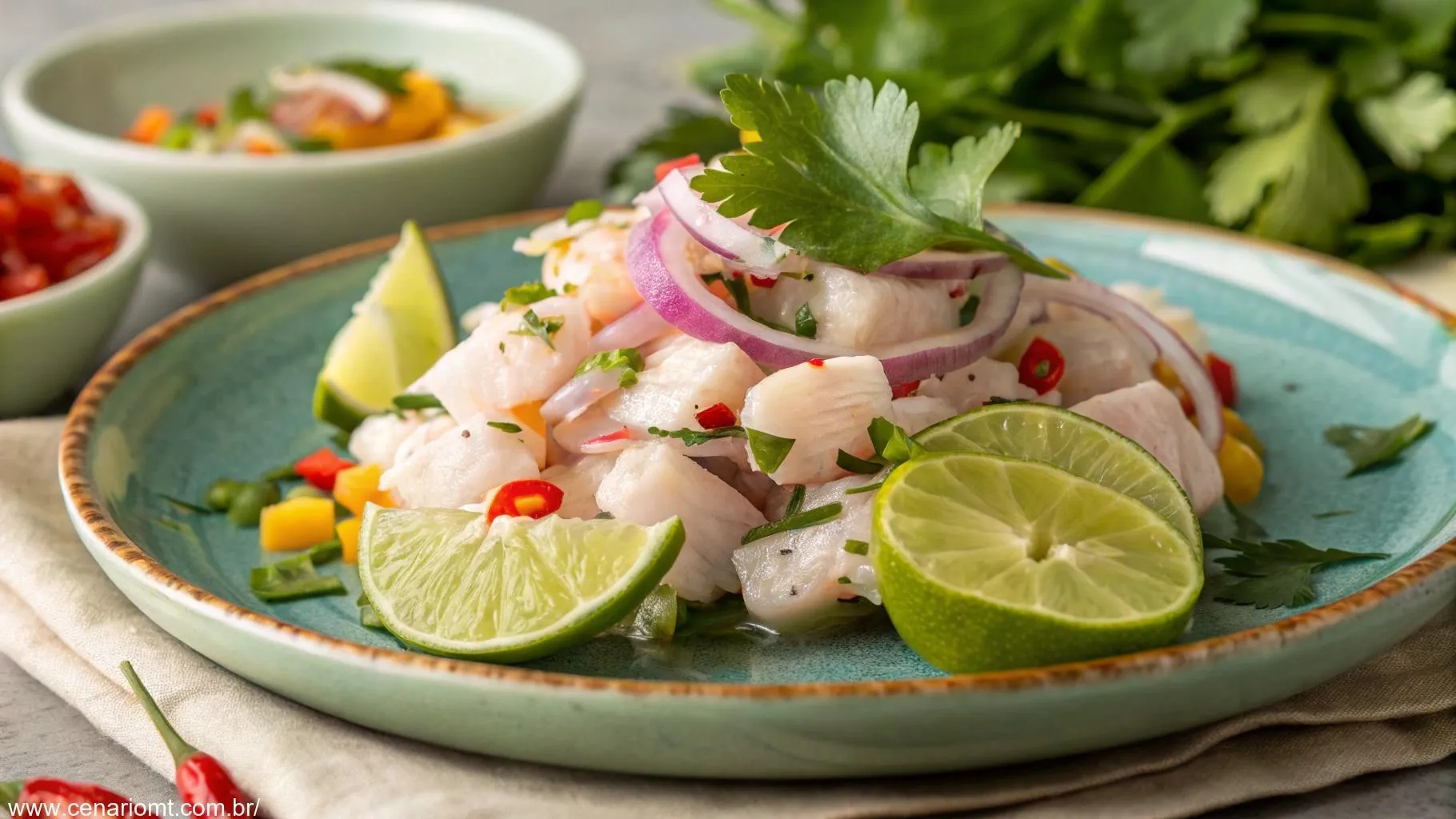 Ceviche peruano de tilápia com ingredientes frescos como limão, cebola, coentro e pimenta.