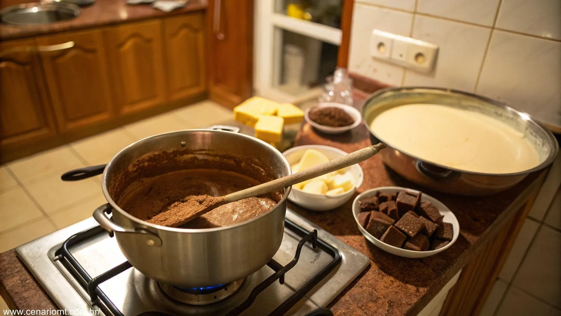 Uma cozinha aconchegante com uma panela no fogão misturando leite condensado, cacau em pó e manteiga para fazer brigadeiro tradicional.