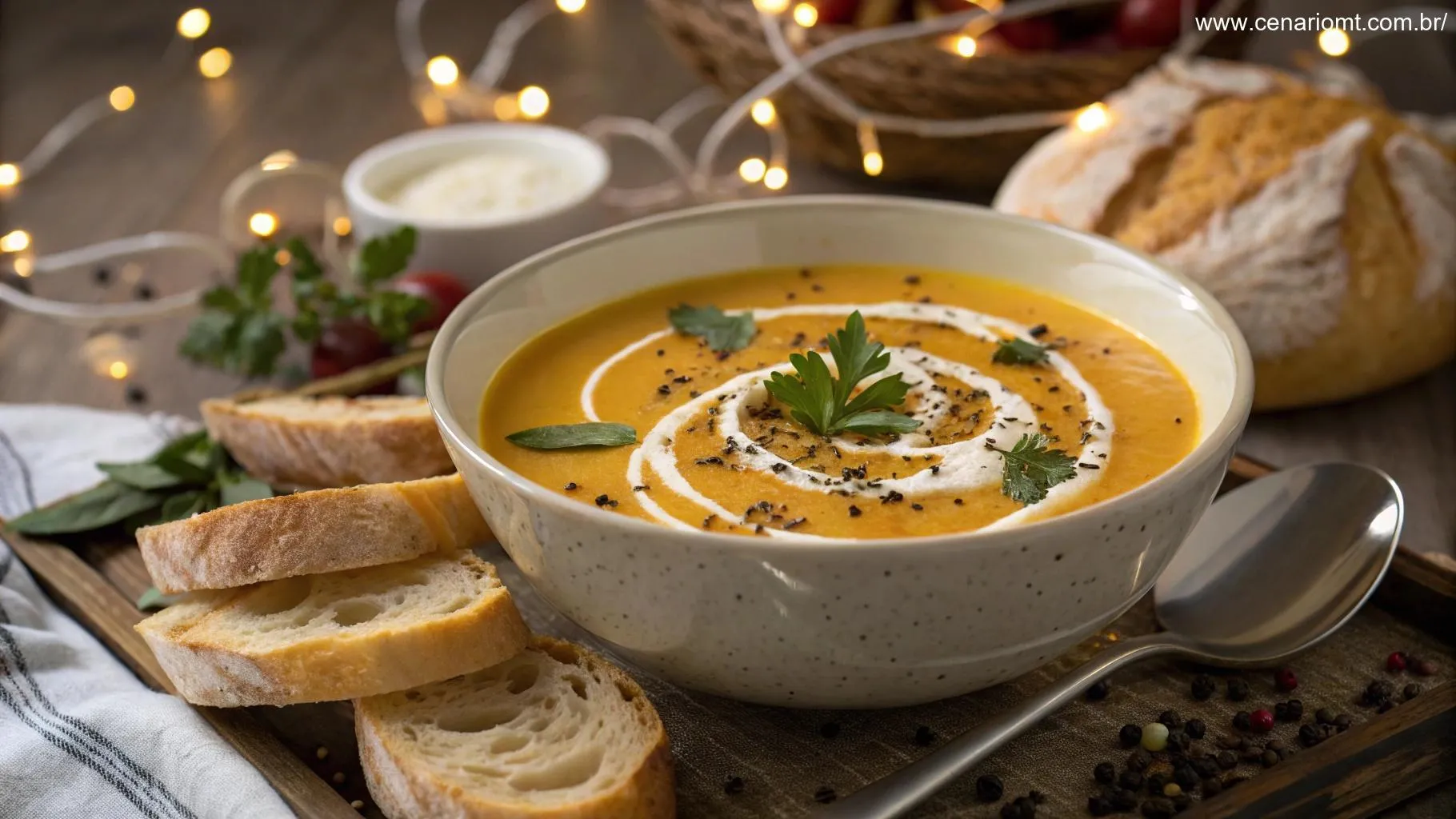 Sopa de abóbora cremosa apresentada com creme, ervas frescas e pimenta preta.