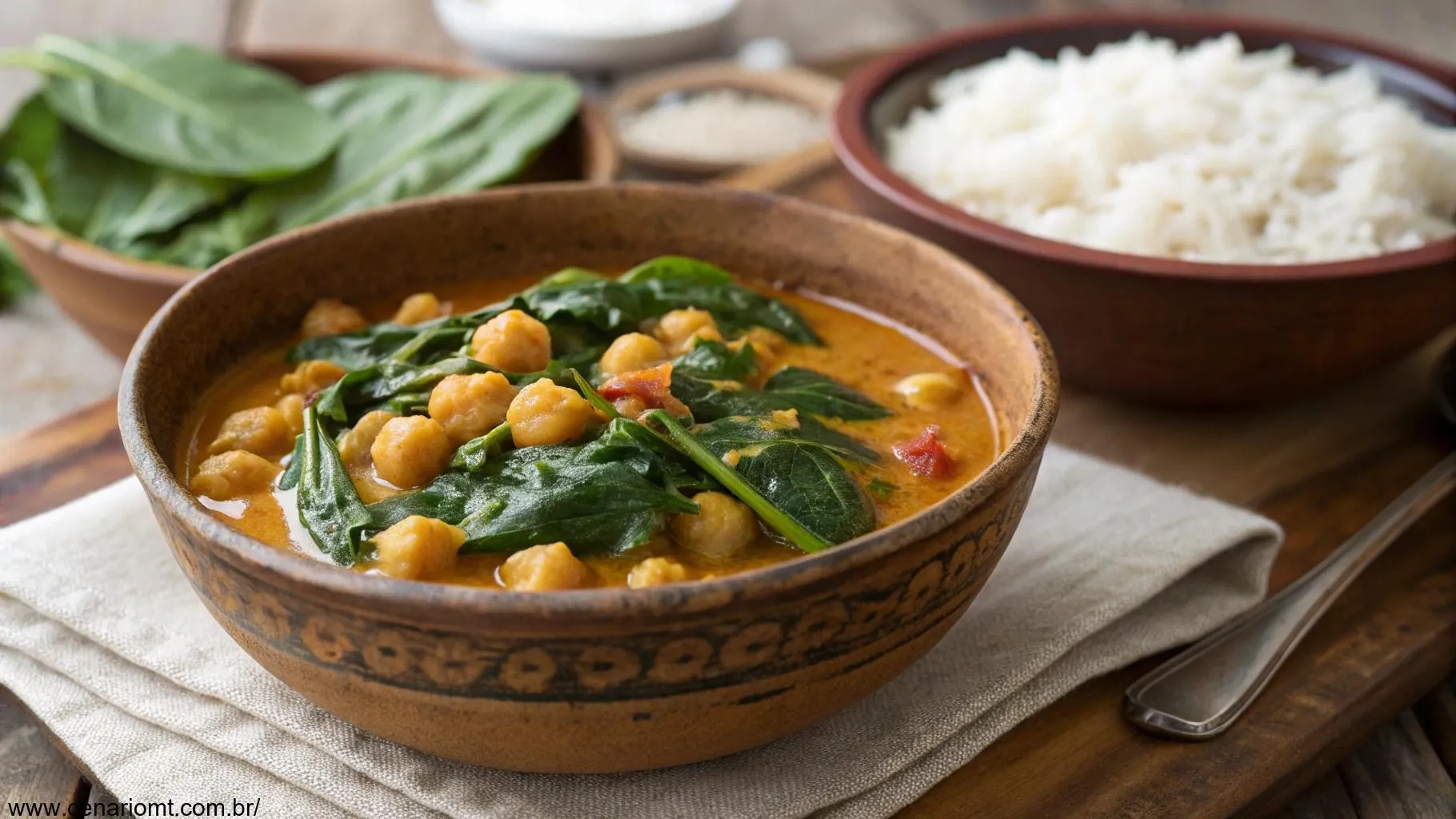 Curry de grão-de-bico e espinafre servido em uma tigela rústica com arroz basmati