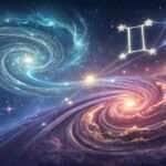Energia cósmica fluindo para Gêmeos, simbolizando equilíbrio e força.