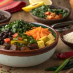 Feijoada vegana em um prato rústico com legumes e proteínas vegetais