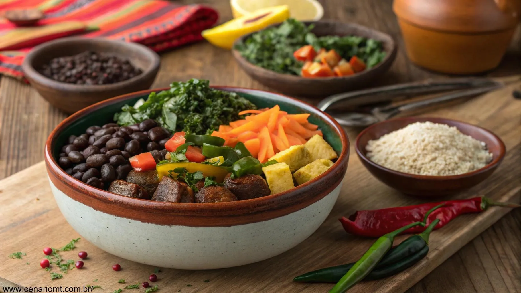 Feijoada vegana em um prato rústico com legumes e proteínas vegetais