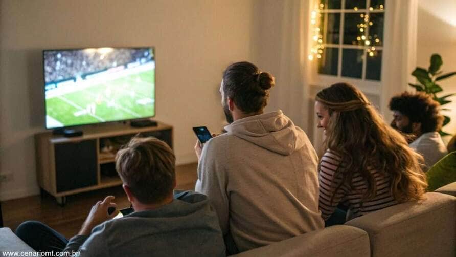 Pessoas assistindo a partida de futebol entre Fiorentina e Inter de Milão na televisão ou celular