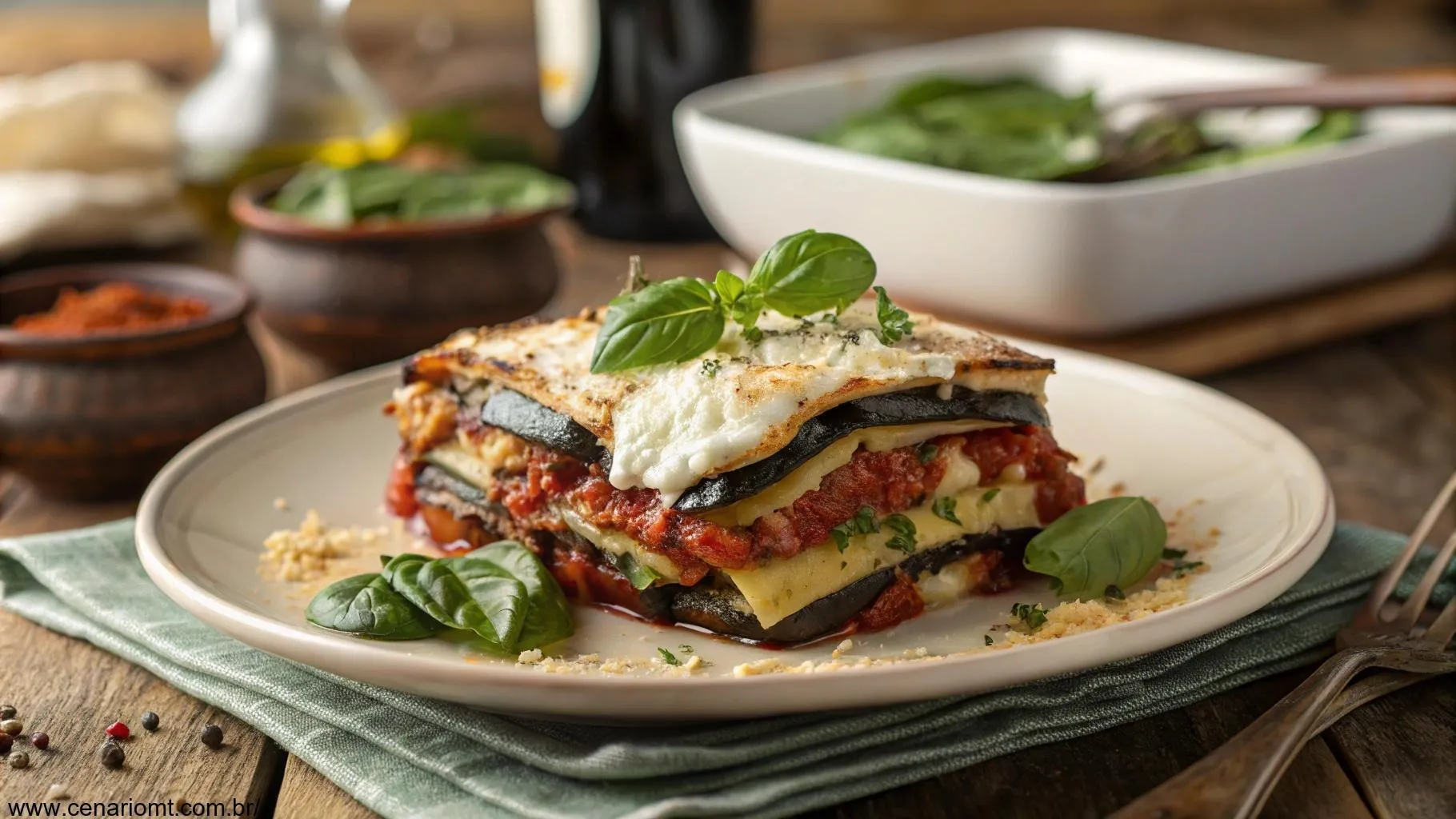 Lasanha de berinjela com ricota e espinafre, servida em prato rústico com detalhes das camadas