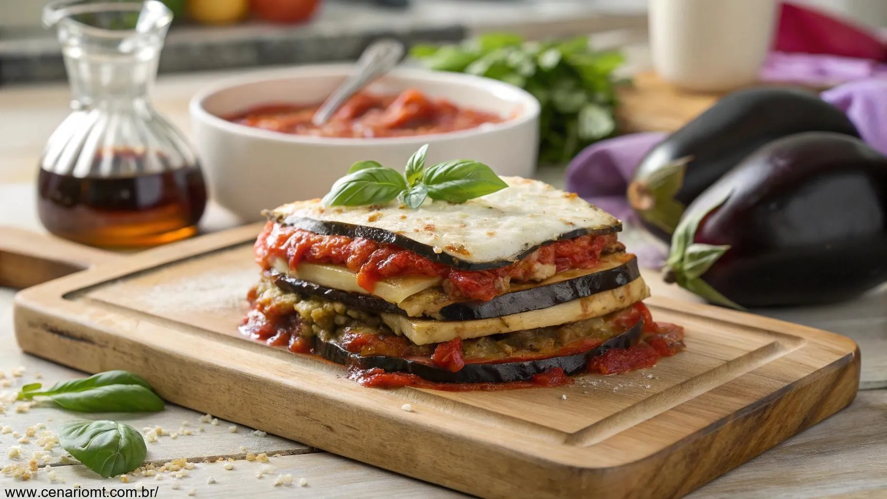 Lasanha de berinjela saudável e deliciosa, com camadas de berinjela fatiada, molho de tomate e queijo derretido.