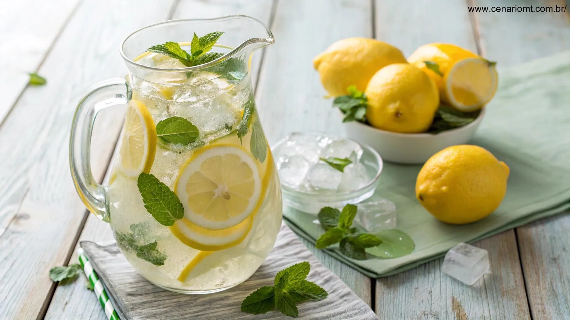 Limonada suíça refrescante com limões inteiros, folhas de hortelã e cubos de gelo.