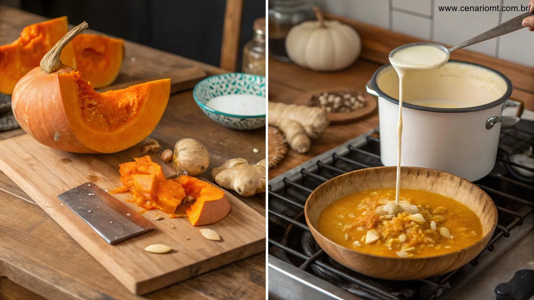 Modo de preparo da sopa cremosa de abóbora em uma cozinha aconchegante.