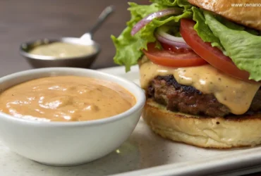 Imagem de molho especial ao lado de um hambúrguer gourmet