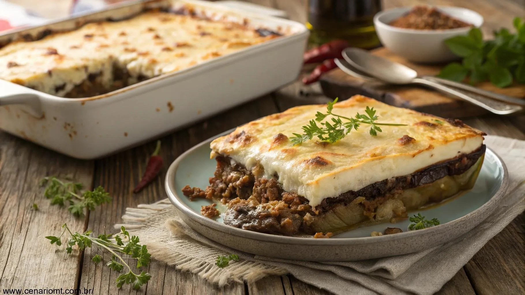 Moussaka Grega tradicional com camadas de berinjela, carne moída e molho bechamel, dourada por cima e servida com ervas frescas.