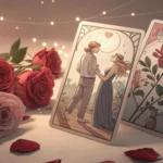 Configuração romântica com cartas de tarot sobre relacionamentos cercadas por rosas e luz suave