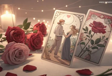 Configuração romântica com cartas de tarot sobre relacionamentos cercadas por rosas e luz suave