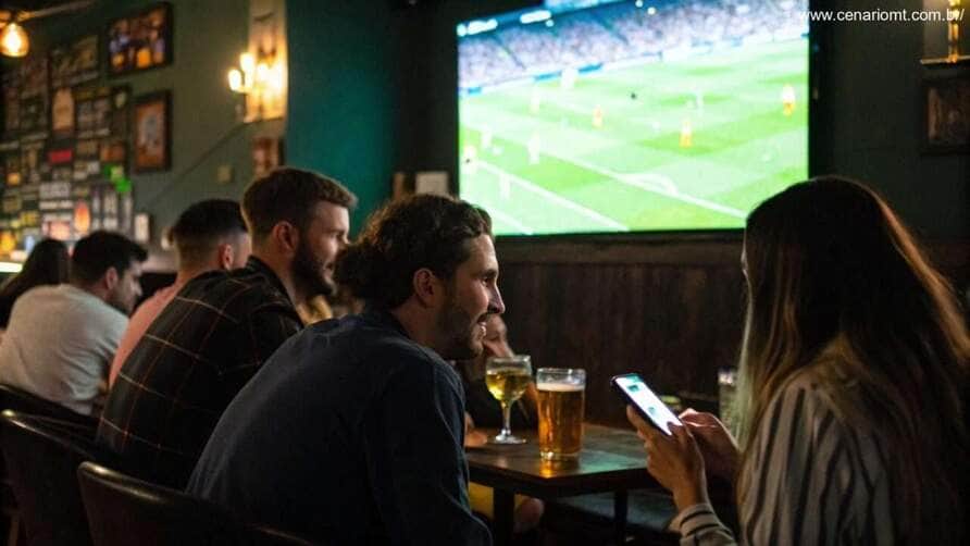 Grupo de amigos assistindo Al-Taawoun x Al-Ittihad em um bar, debatendo palpites e estatísticas no celular.