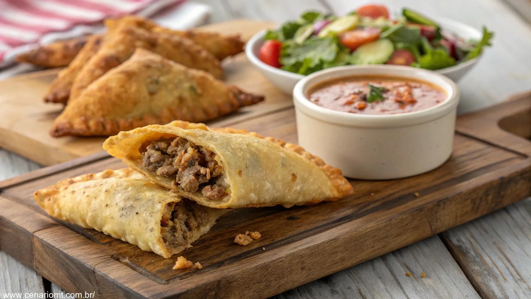 Pastel de carne dourado e crocante em uma tábua de madeira com molho e salada ao fundo.