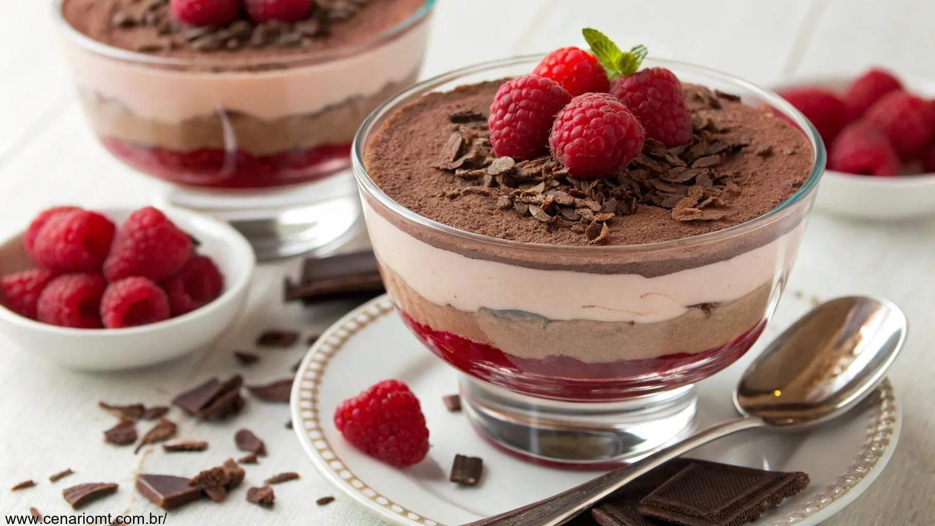 Sobremesa de chocolate e framboesa com camadas de mousse cremosa e framboesas frescas.