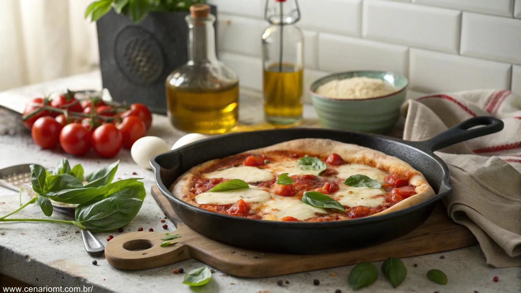 Pizza de frigideira com queijo derretido, molho de tomate e manjericão fresco em uma bancada rústica.