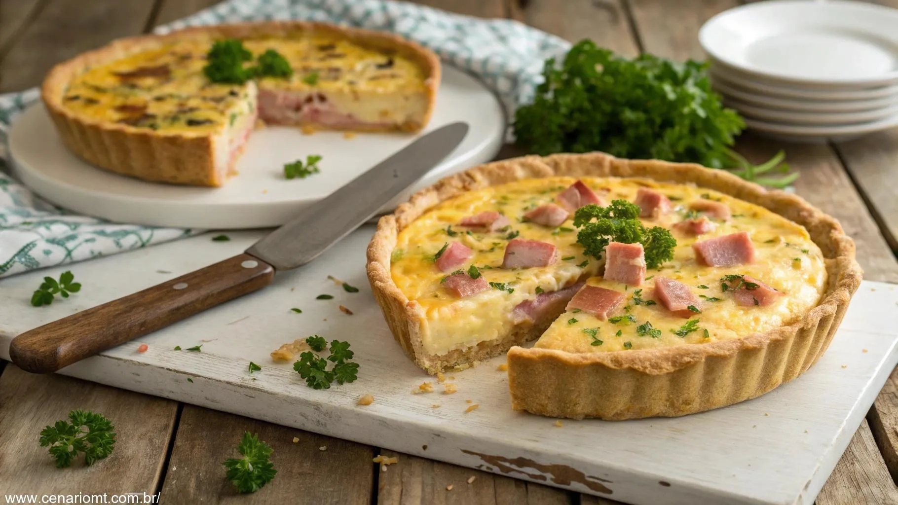 Quiche de queijo e presunto recém-assada com crosta dourada, recheada com queijo derretido e presunto, decorada com salsa fresca.