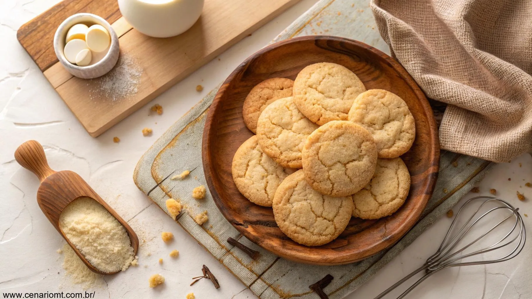 Vista superior de biscoitos amanteigados recém-assados em um prato de madeira, cercados por um ambiente de cozinha acolhedor com luz suave.