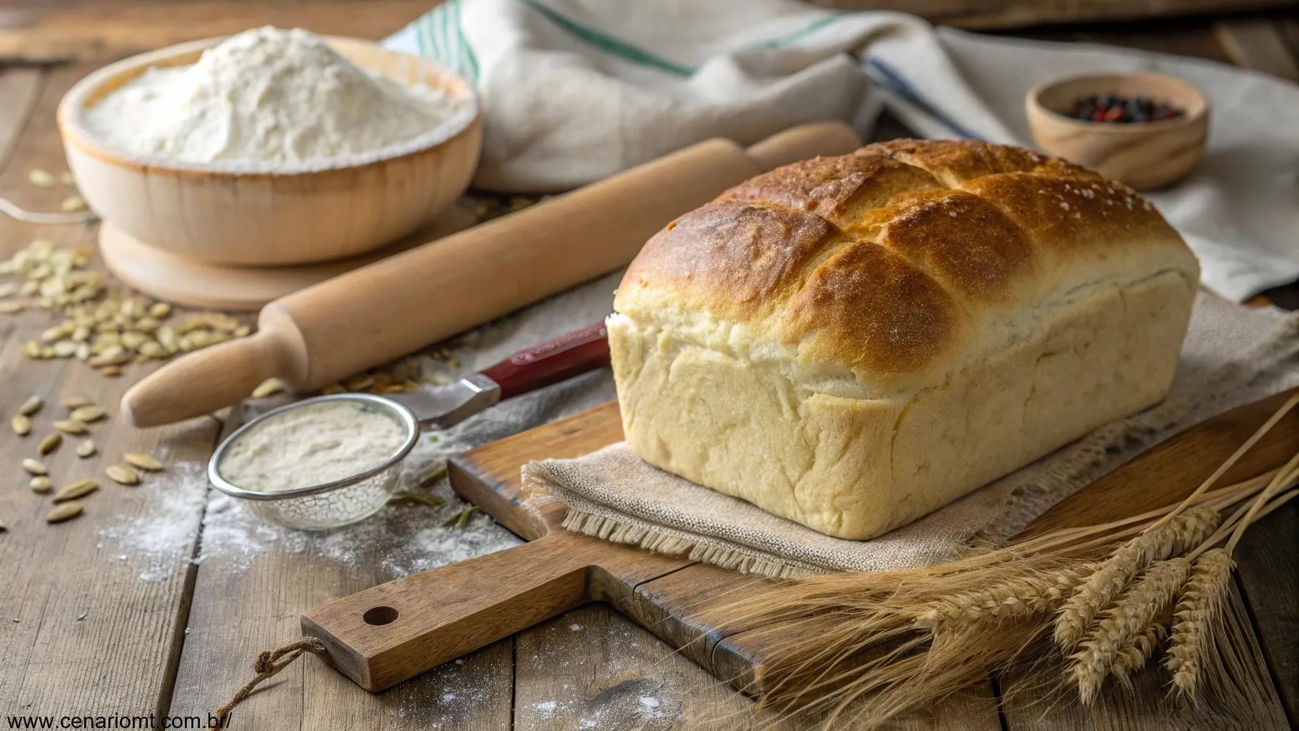 Imagem de pão caseiro macio e fofo sobre uma mesa rústica de madeira com utensílios de panificação ao redor.