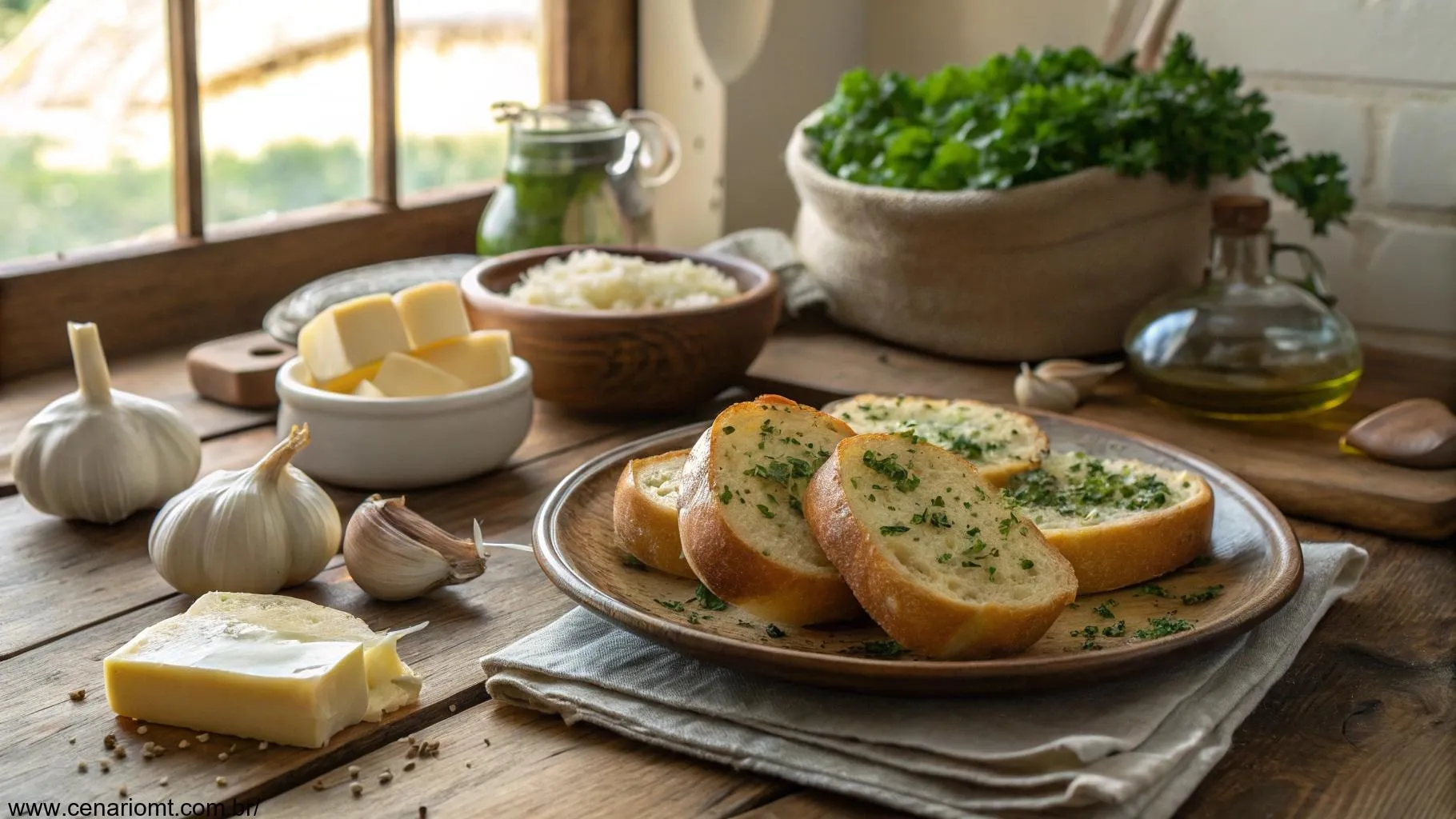 Mesa de madeira com pão de alho caseiro cercado por ingredientes como alho, salsinha, manteiga e massa de pão.