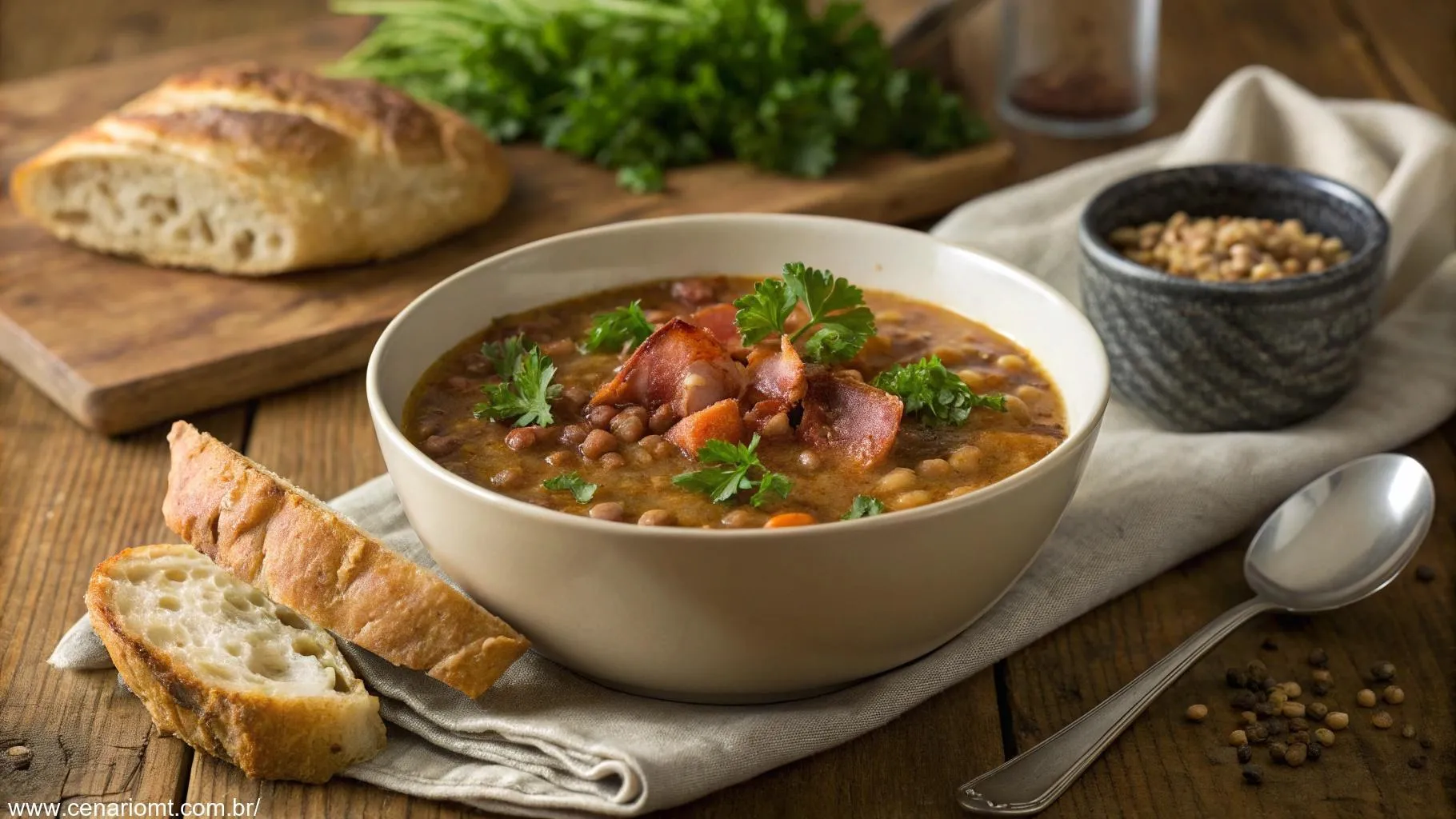 Tigela fumegante de sopa de lentilha com bacon, decorada com salsa fresca, servida em uma mesa rústica com pão crocante e uma colher ao lado.