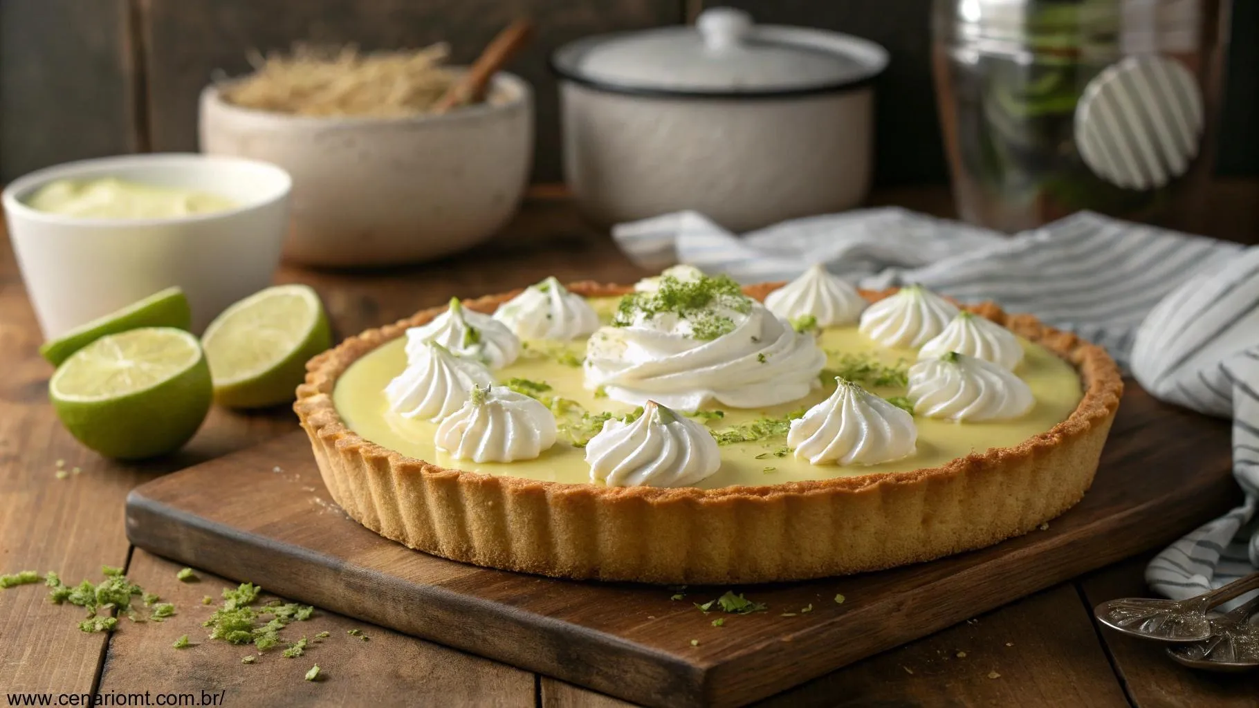 Uma torta de limão cremosa lindamente apresentada, com crosta dourada, chantilly e raspas de limão, em uma mesa de madeira rústica com fundo de cozinha aconchegante.