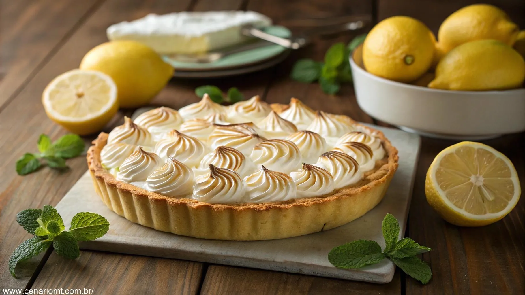 Torta de limão com merengue dourado sobre uma mesa de madeira, decorada com limões frescos e folhas de hortelã.