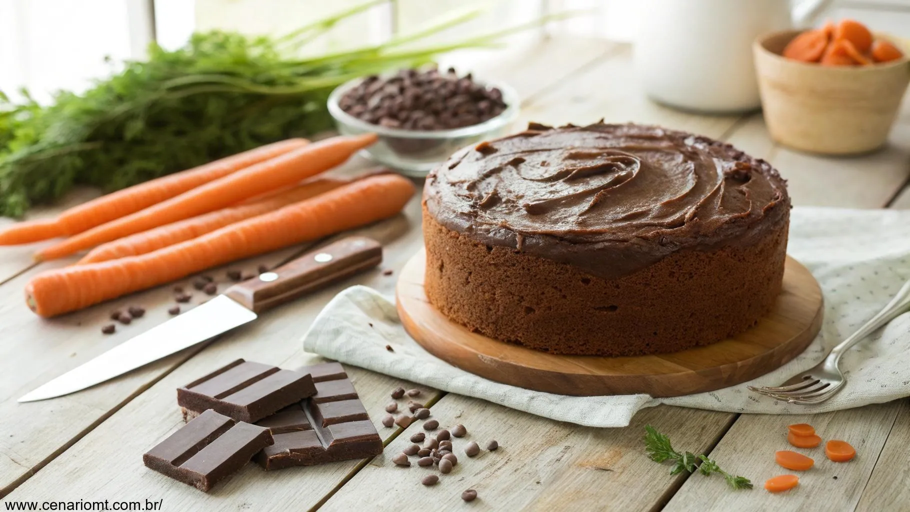 Um bolo de cenoura recém-assado com cobertura de chocolate sobre uma mesa de madeira.