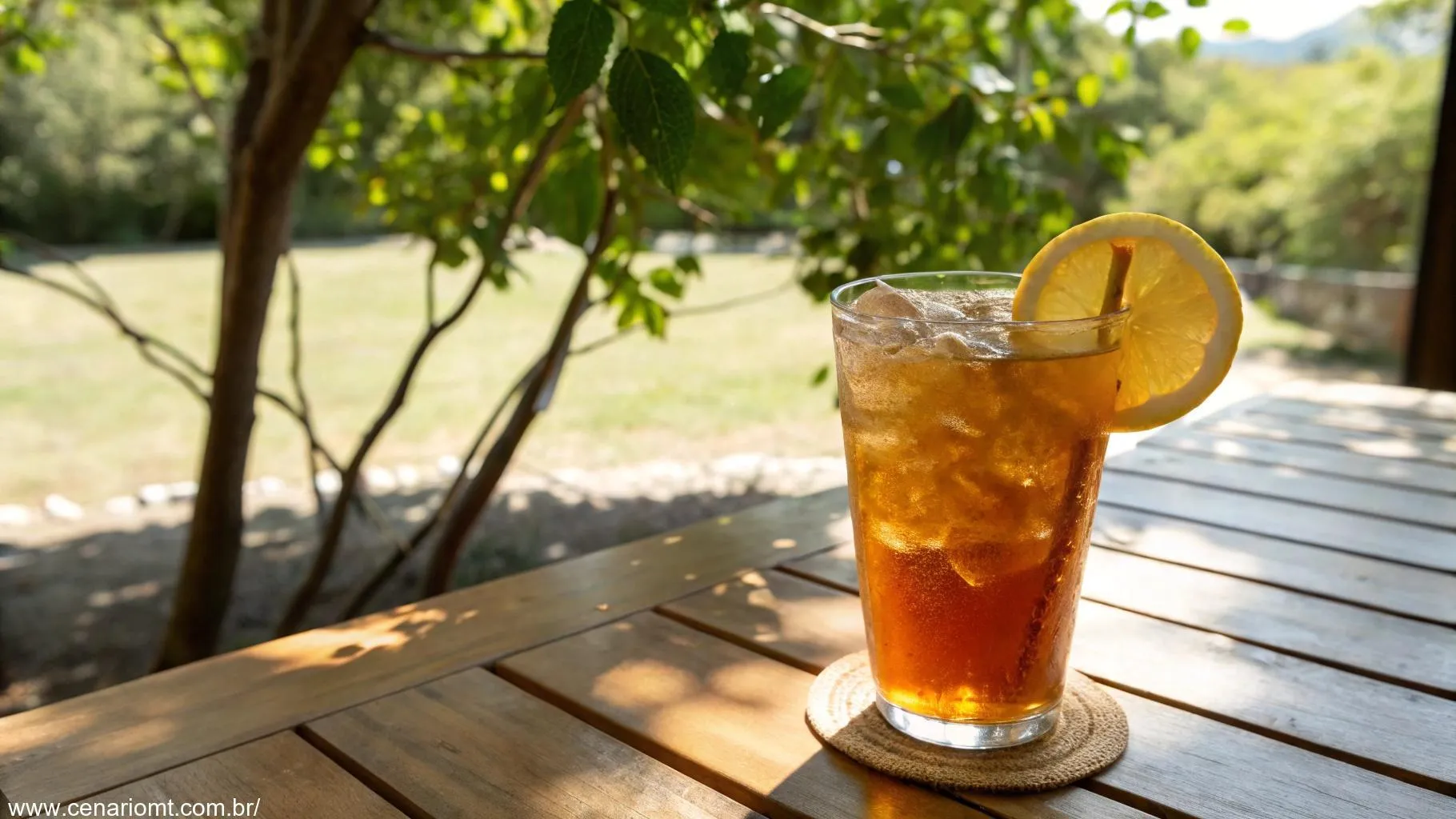 Chá gelado de limão com mel em um copo transparente com uma fatia de limão na borda.