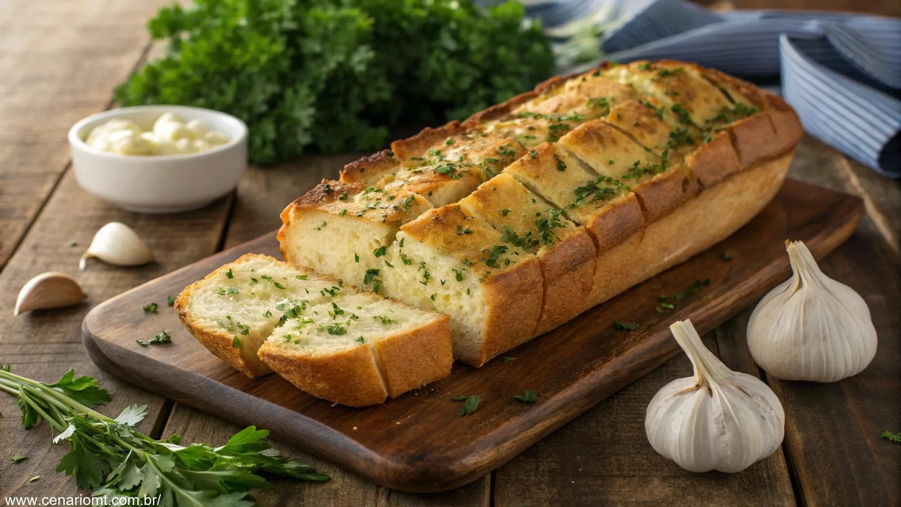 Pão de alho dourado e macio, recém-assado, com fatias que mostram sua textura interna, rodeado por salsa fresca e dentes de alho em uma mesa rústica.