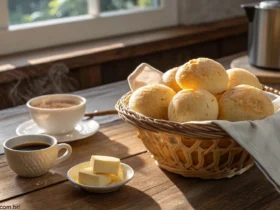 Pão de queijo em uma cesta com luz da manhã entrando pela janela.