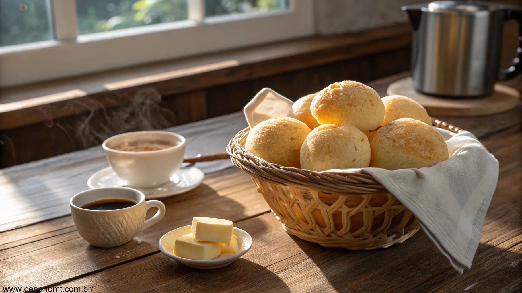 Pão de queijo em uma cesta com luz da manhã entrando pela janela.