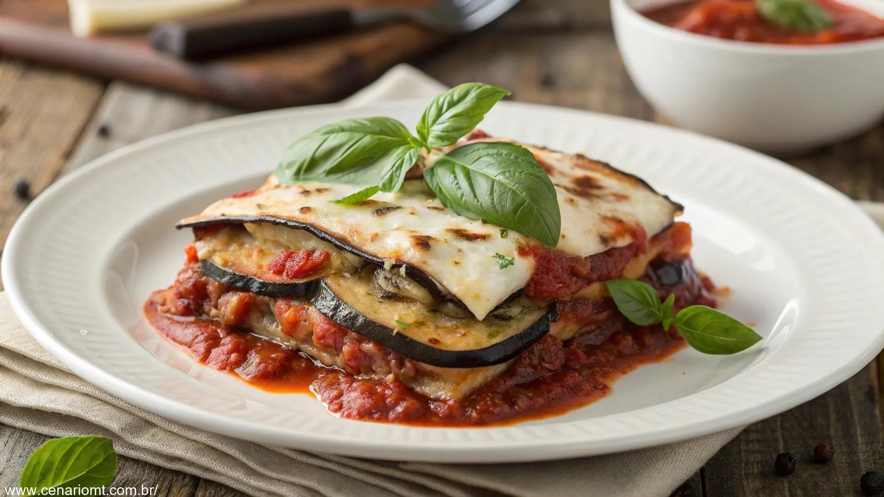 Lasanha de berinjela saudável e deliciosa em um prato branco com camadas de berinjela grelhada, molho de tomate e queijo derretido, decorada com manjericão fresco.