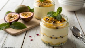 Imagem de uma mousse de maracujá cremosa em um pote de vidro, decorada com polpa de maracujá e um ramo de hortelã.
