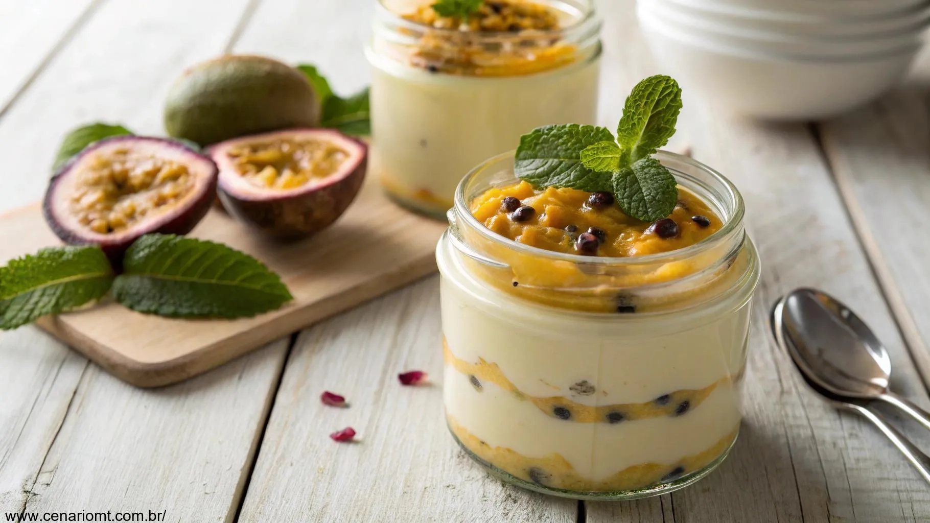 Imagem de uma mousse de maracujá cremosa em um pote de vidro, decorada com polpa de maracujá e um ramo de hortelã.