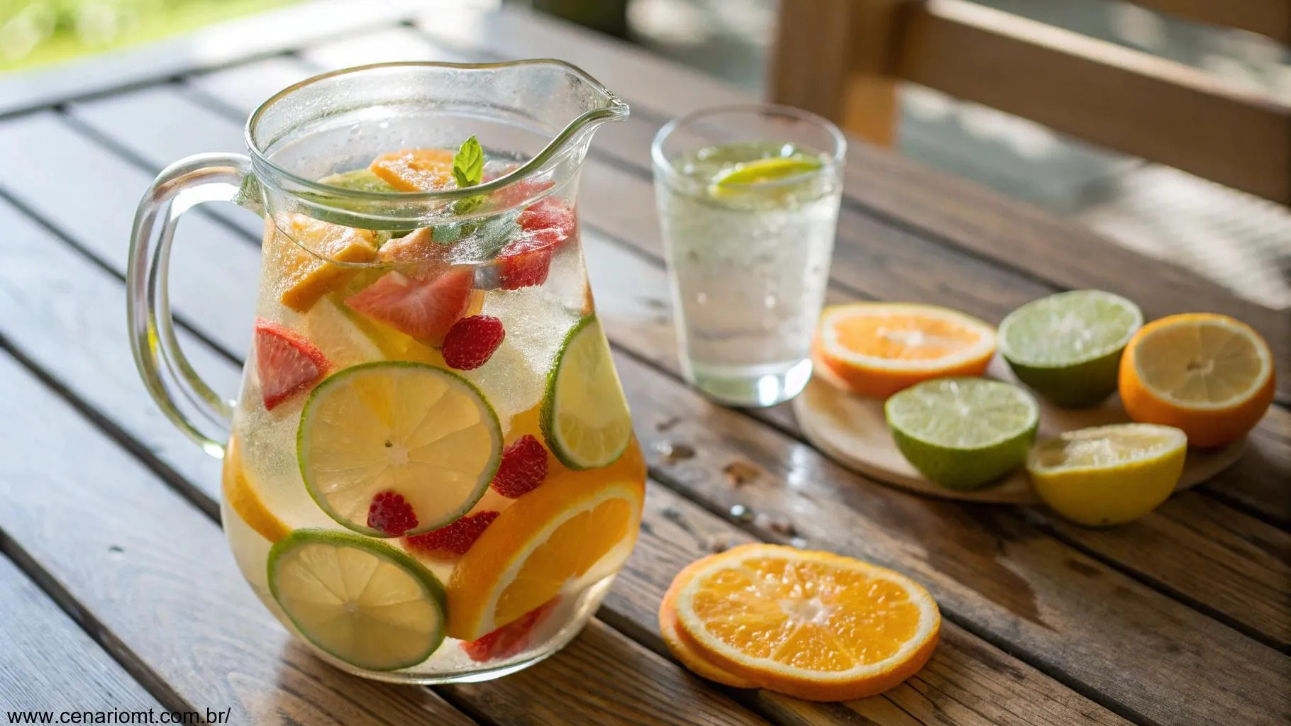 Água saborizada saudável com frutas cítricas em uma jarra de vidro.