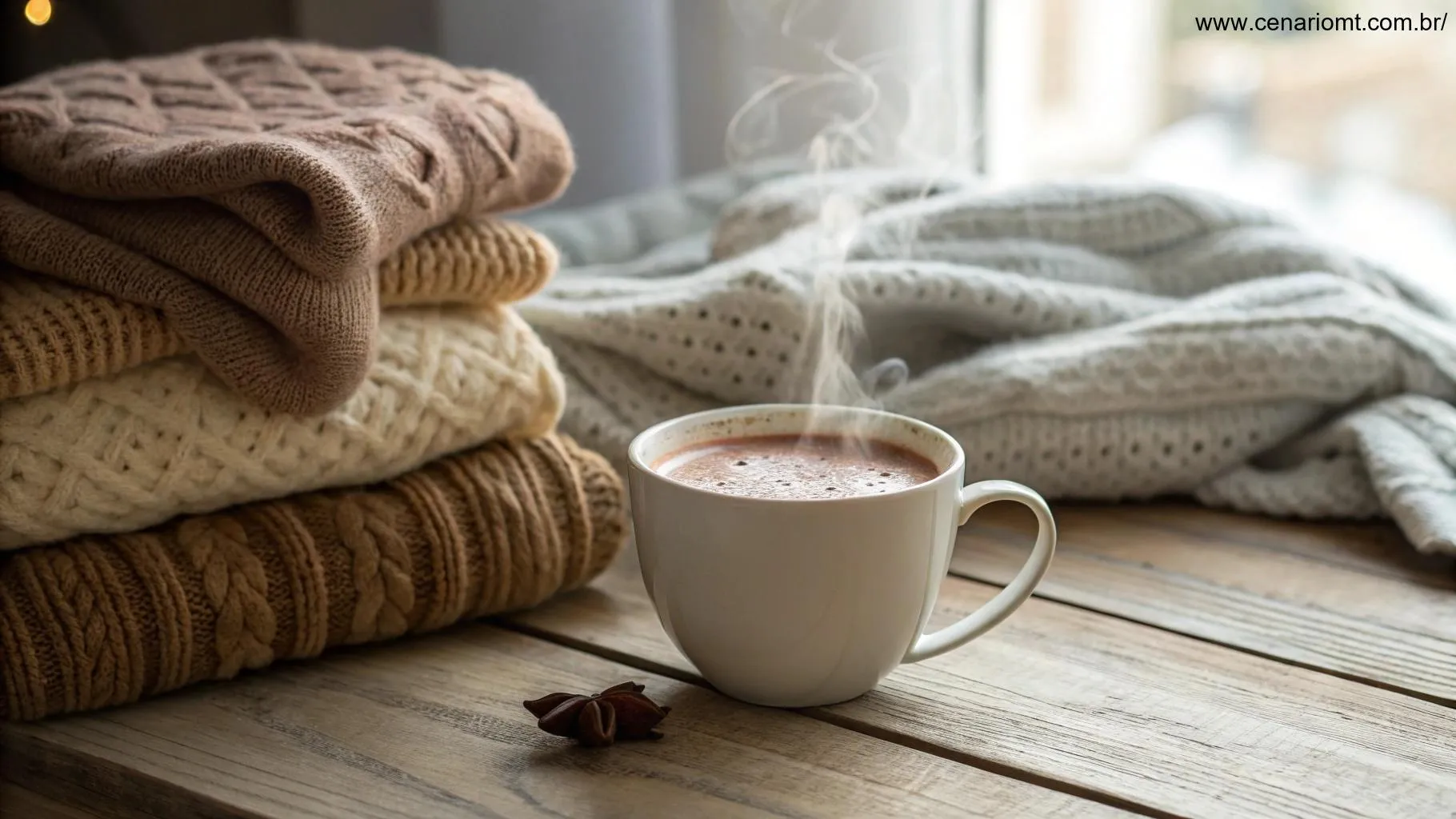 Cena aconchegante com uma xícara de chocolate quente cremoso fumegante em uma mesa com um suéter de lã e cobertores macios ao redor, perfeita para aquecer nos dias frios
