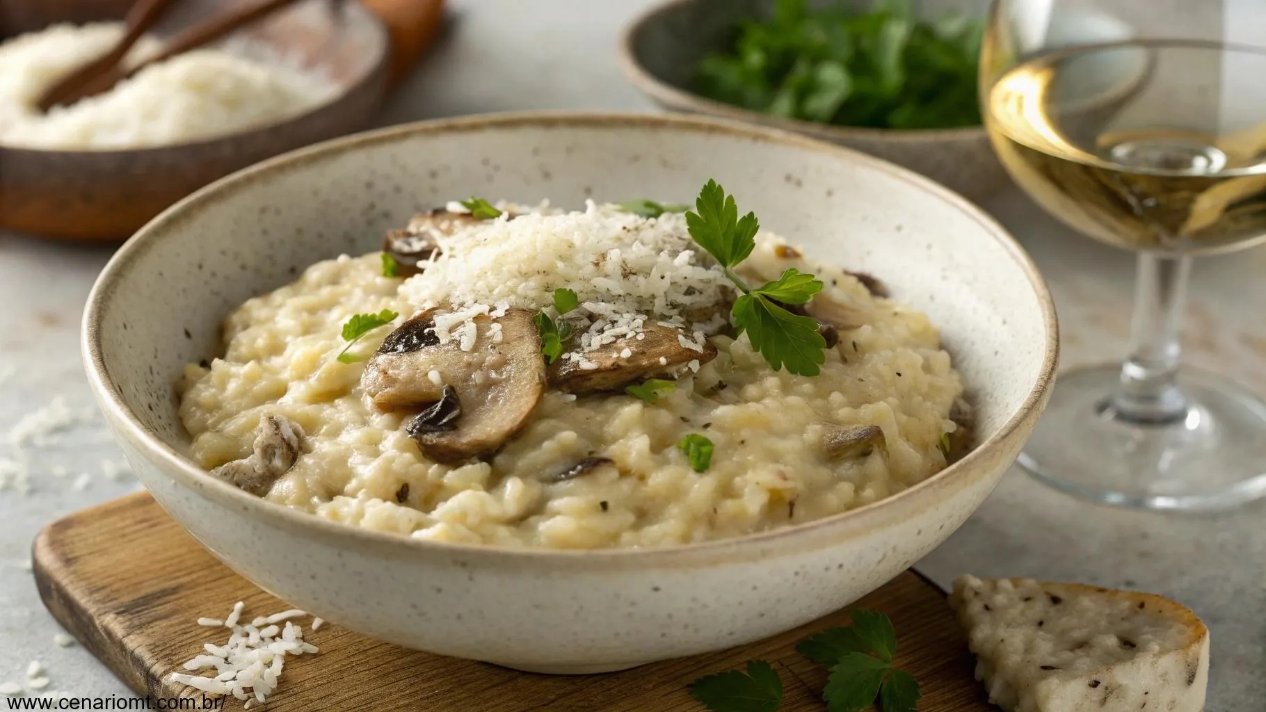 Risoto de cogumelos cremoso com parmesão em uma tigela rústica, cercado por salsa fresca, parmesão ralado e um copo de vinho branco.