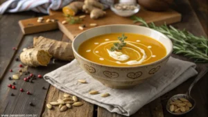 Uma tigela de sopa de abóbora com gengibre e creme de leite, em uma mesa de madeira rústica.