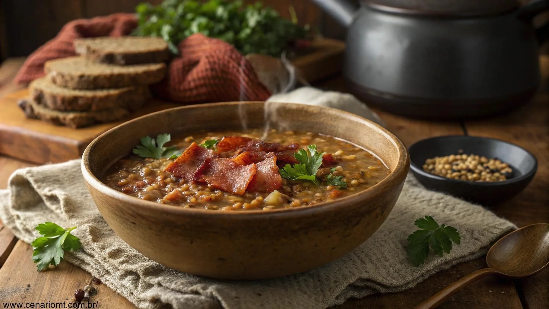 Uma tigela rústica de sopa de lentilha com pedaços de bacon crocante por cima, decorada com salsa fresca, em uma mesa de madeira com um fundo aconchegante de chaleira fumegante e cachecol de lã.
