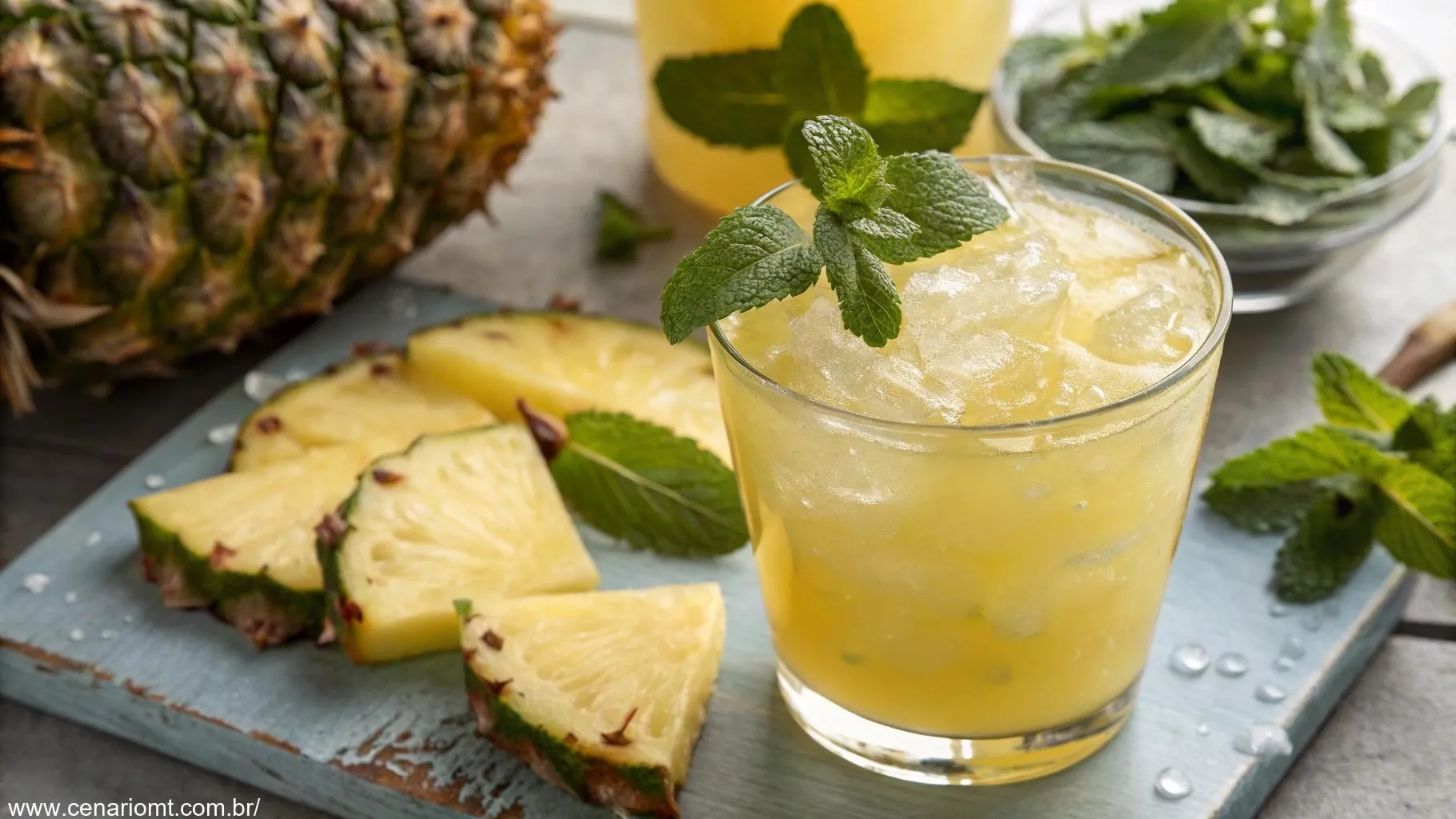 Suco de abacaxi com hortelã refrescante e natural.