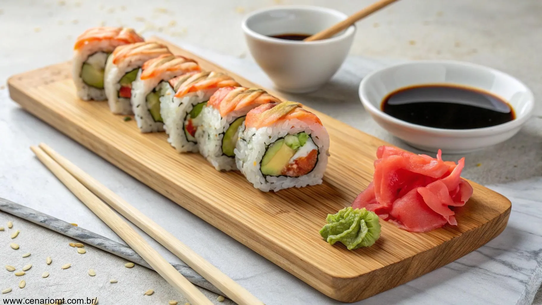 Sushi de salmão e abacate bem montado em uma tábua de madeira, com molho de soja e gengibre em conserva ao lado.