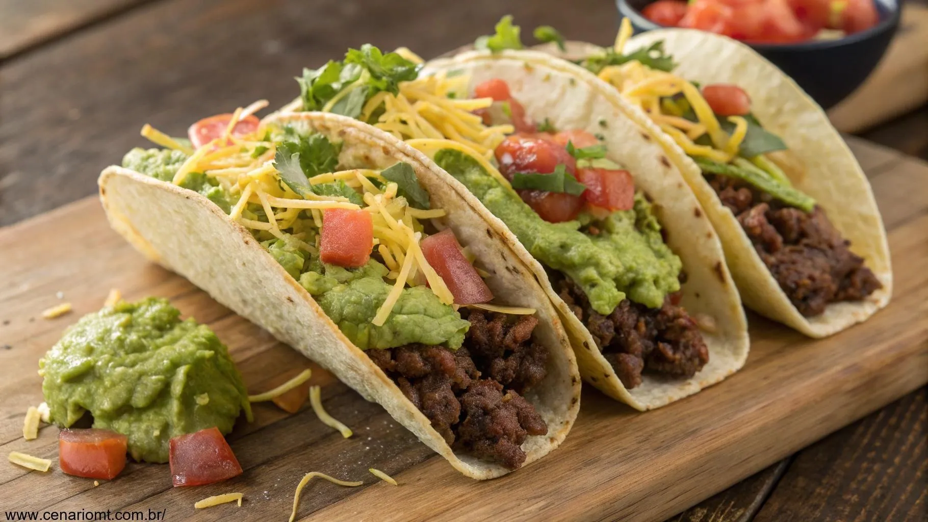 Tacos mexicanos com carne moída, guacamole fresco, alface picada, tomate em cubos e queijo ralado em uma mesa de madeira.