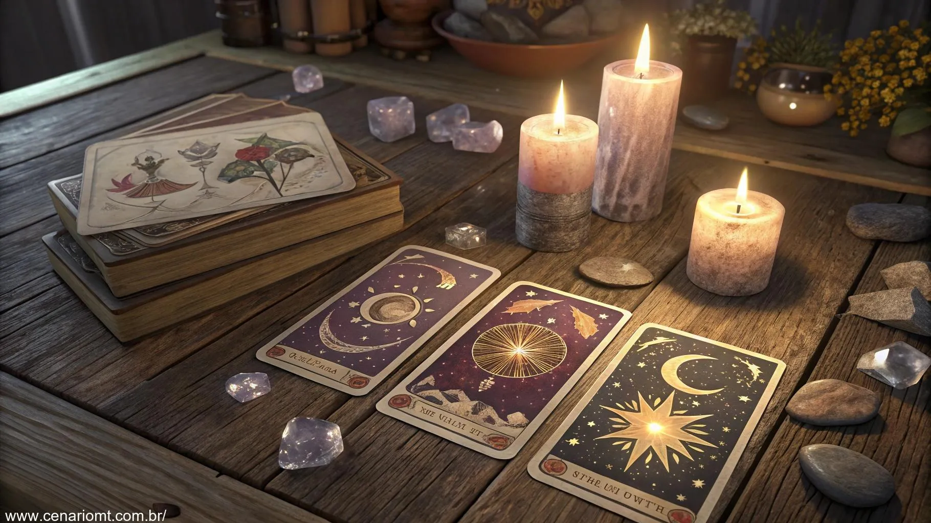 Cena mística de leitura de cartas de Tarot com três cartas em uma mesa de madeira cercada por velas e cristais.