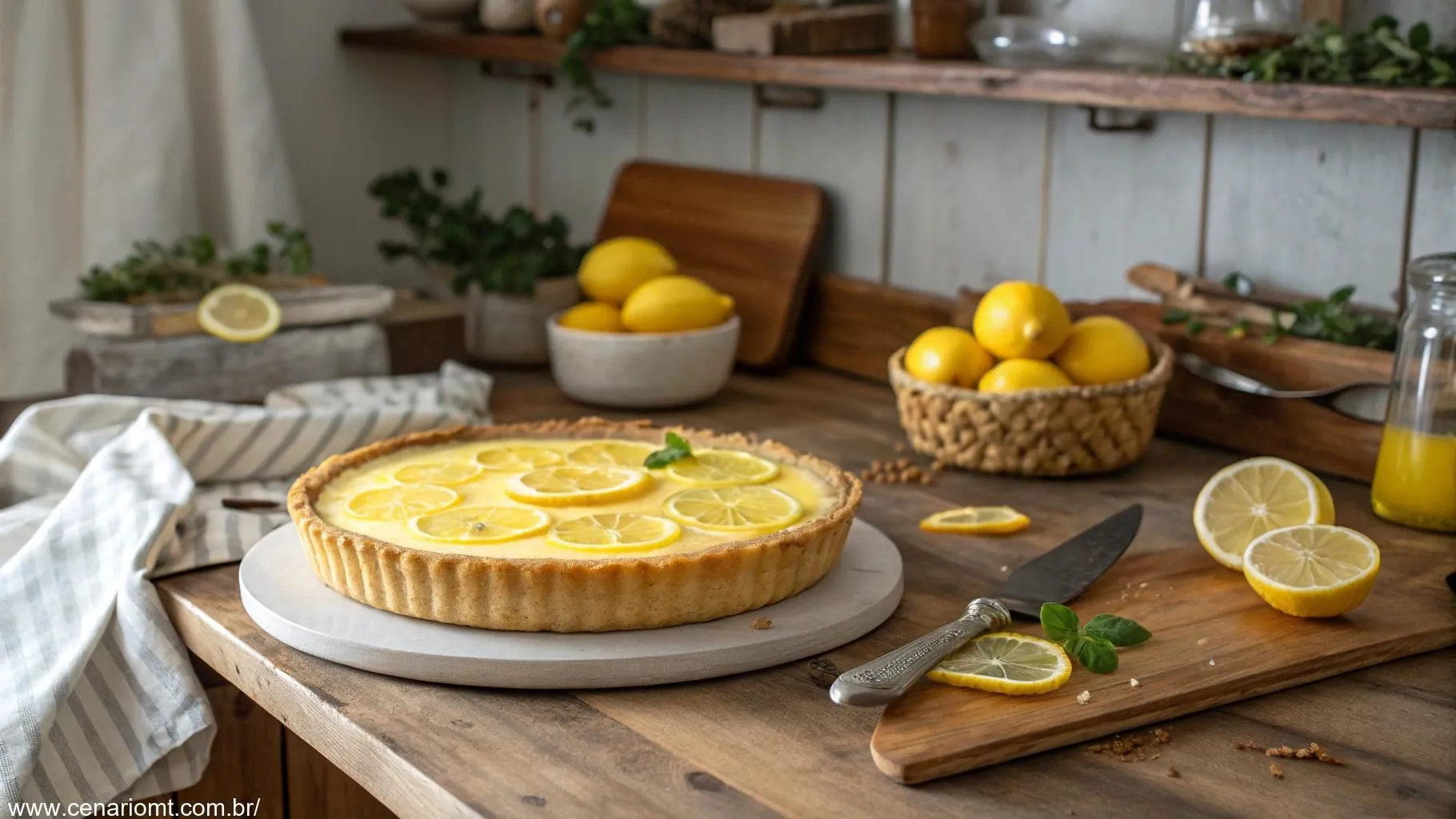 Torta de limão simples em uma mesa de madeira com limões frescos ao redor.