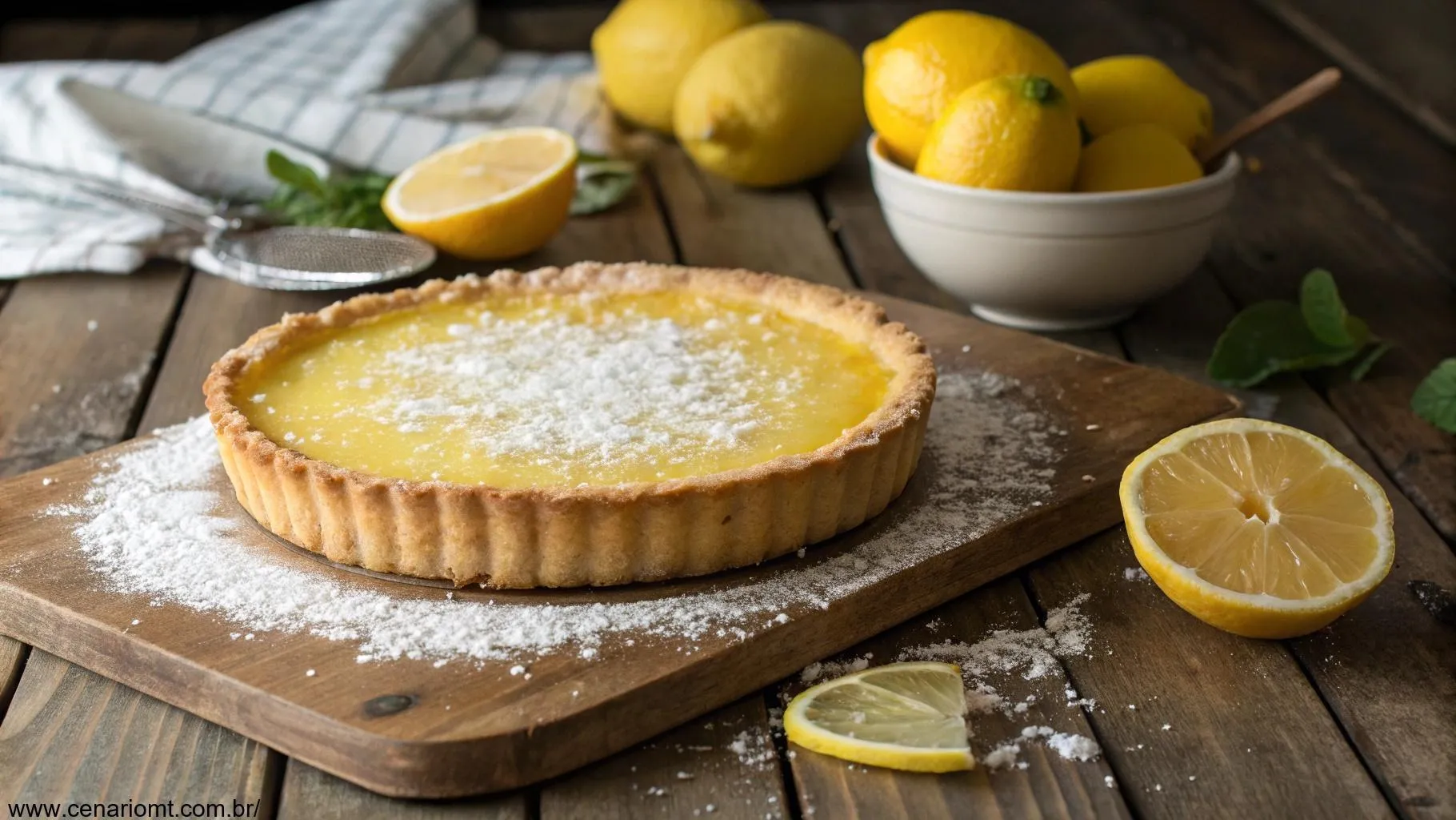 Uma torta de limão recém-assada com crosta dourada em uma mesa rústica de madeira, cercada por limões frescos e polvilhada com açúcar de confeiteiro.