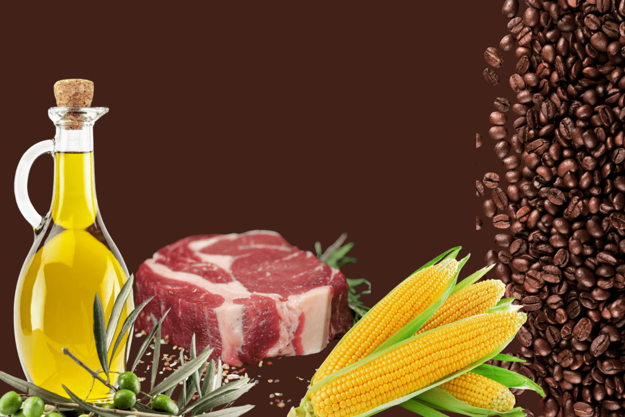 montagem de alimentos, milho, café, carne