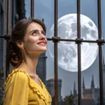 Mulher sorridente, lua cheia